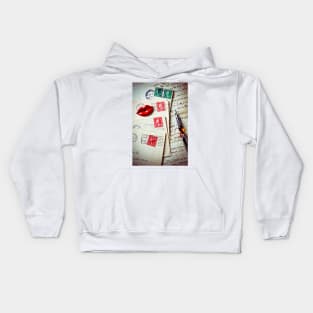 Red lips pin and old letters Kids Hoodie